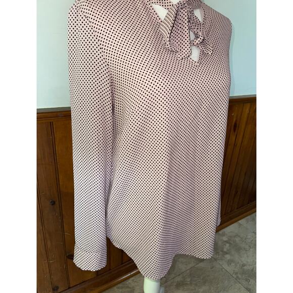 Womens Adrianna Papell Blush Pink Black Polkda Dot Tie Neck Long Sleeve Blouse M - Picture 3 of 8